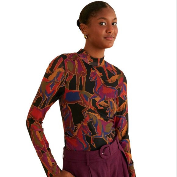 NWT Farm Rio Black Wild Horses Tulle Blouse, Vibrant Multicolor Blouse SIZE XXS - Picture 1 of 9